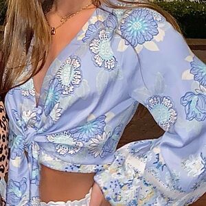 Free People Blue Tie Front Blouse